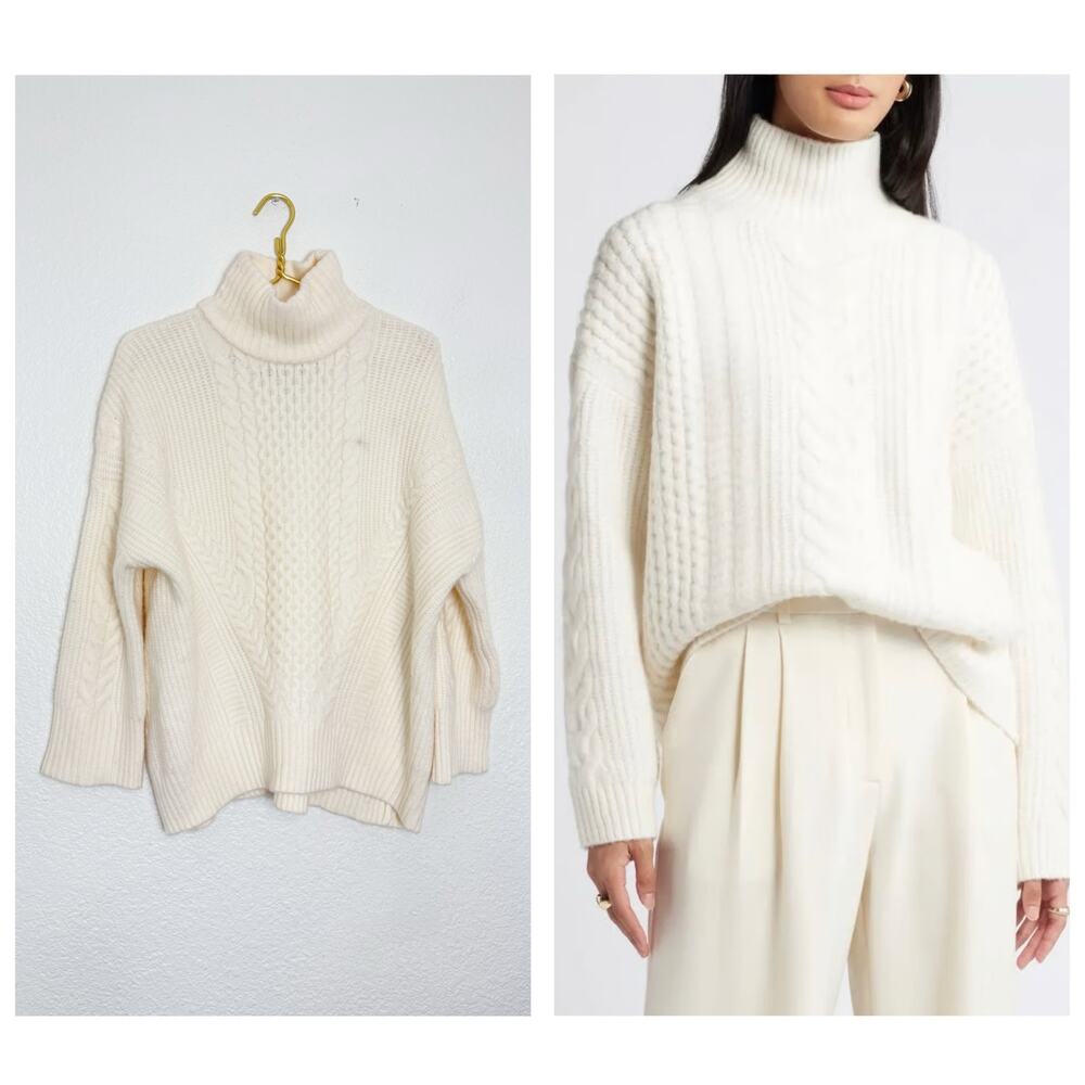 NWT Express Cream Cable Knit Turtleneck Sweater Size XS Oversized Fisherman Chic